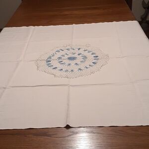 Cute ecru linen 48" X 49 tablecloth and handmade crocheted doily to add elegance